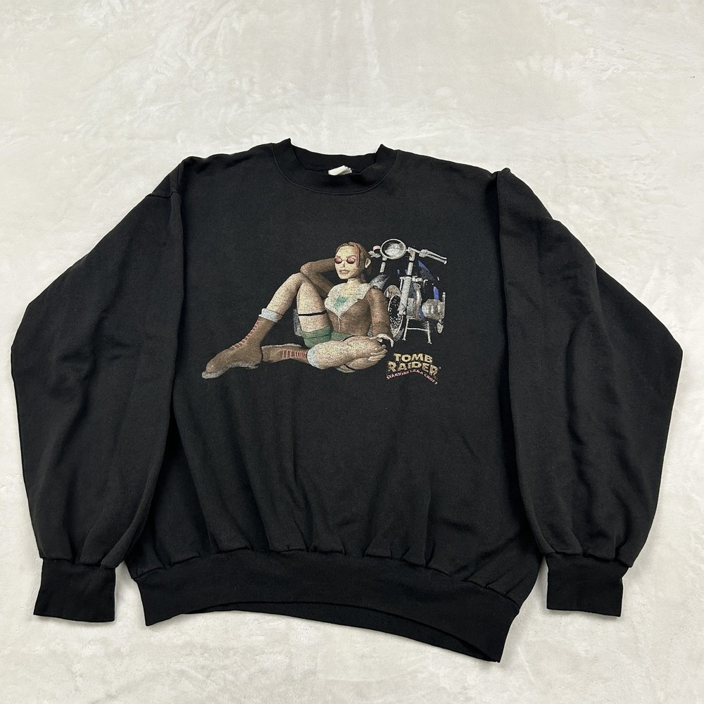 RARE 90s Tomb Raider Sweatshirt Men XL Black Lara Croft Graphic Crewneck Vintage